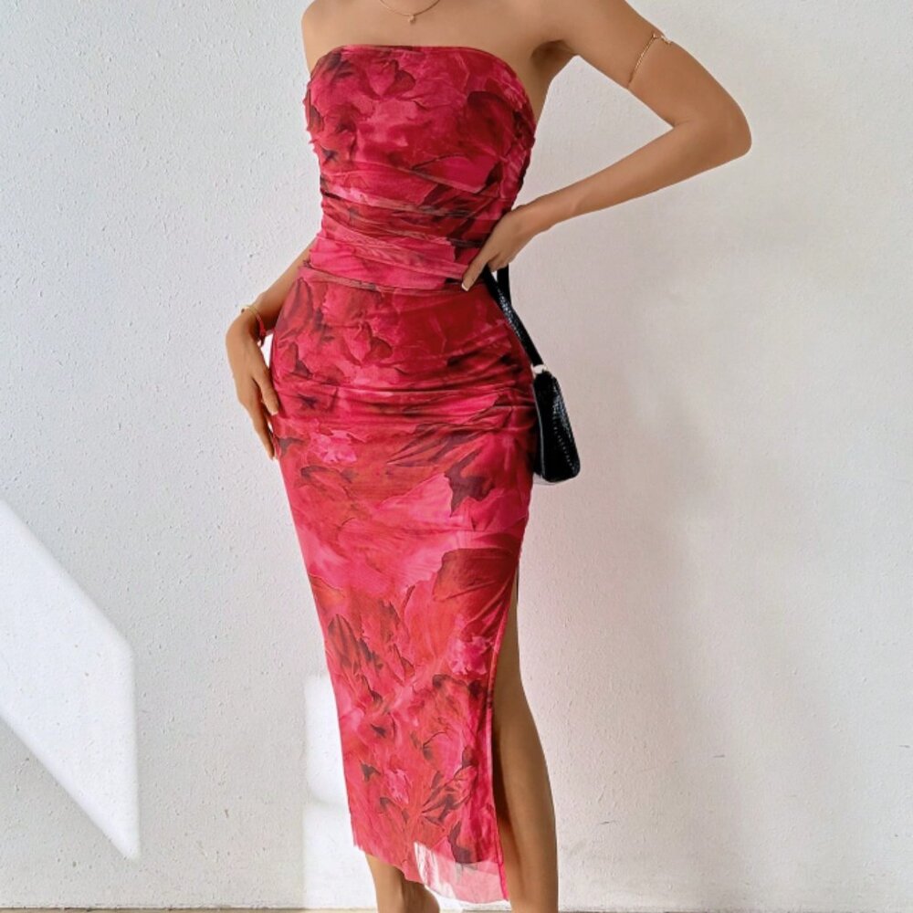 NWOT SHEIN Strapless Red Floral Mesh Midi Dress